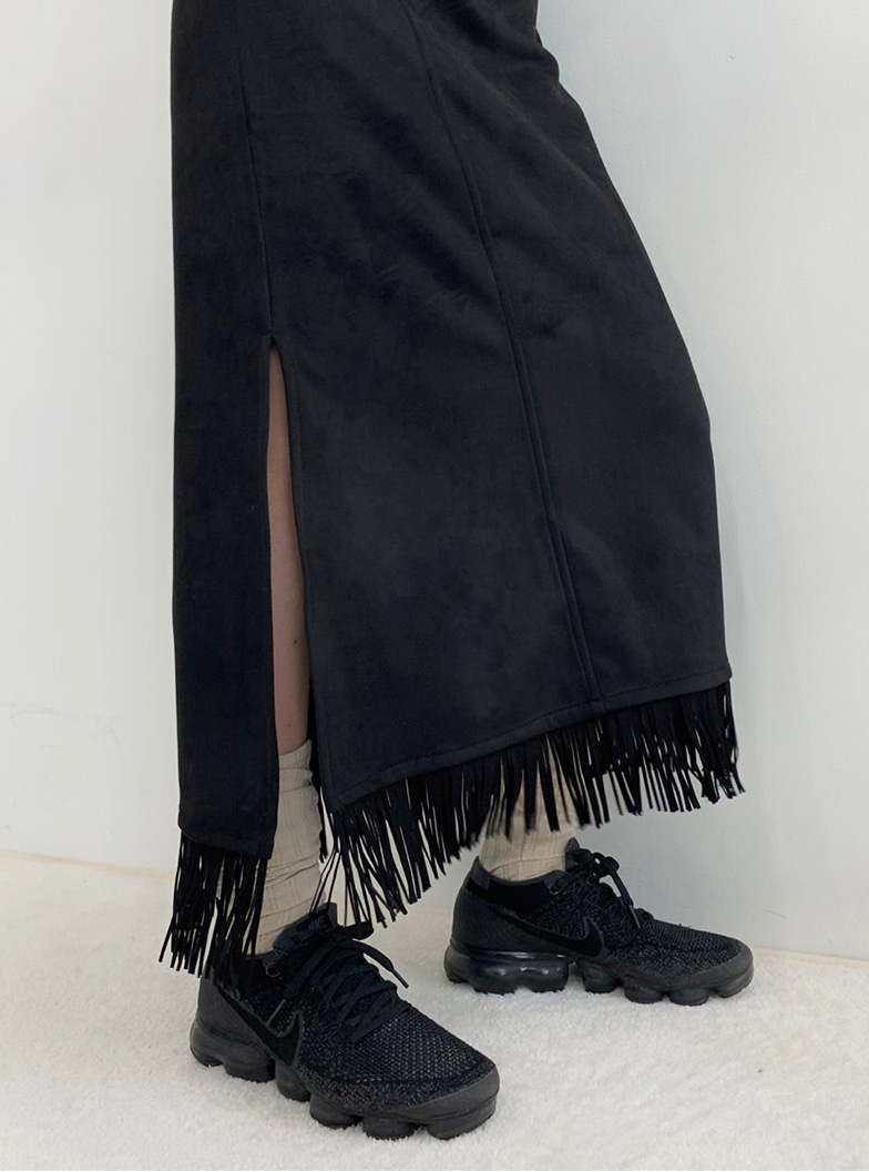 suede fringe long skirt (2color)